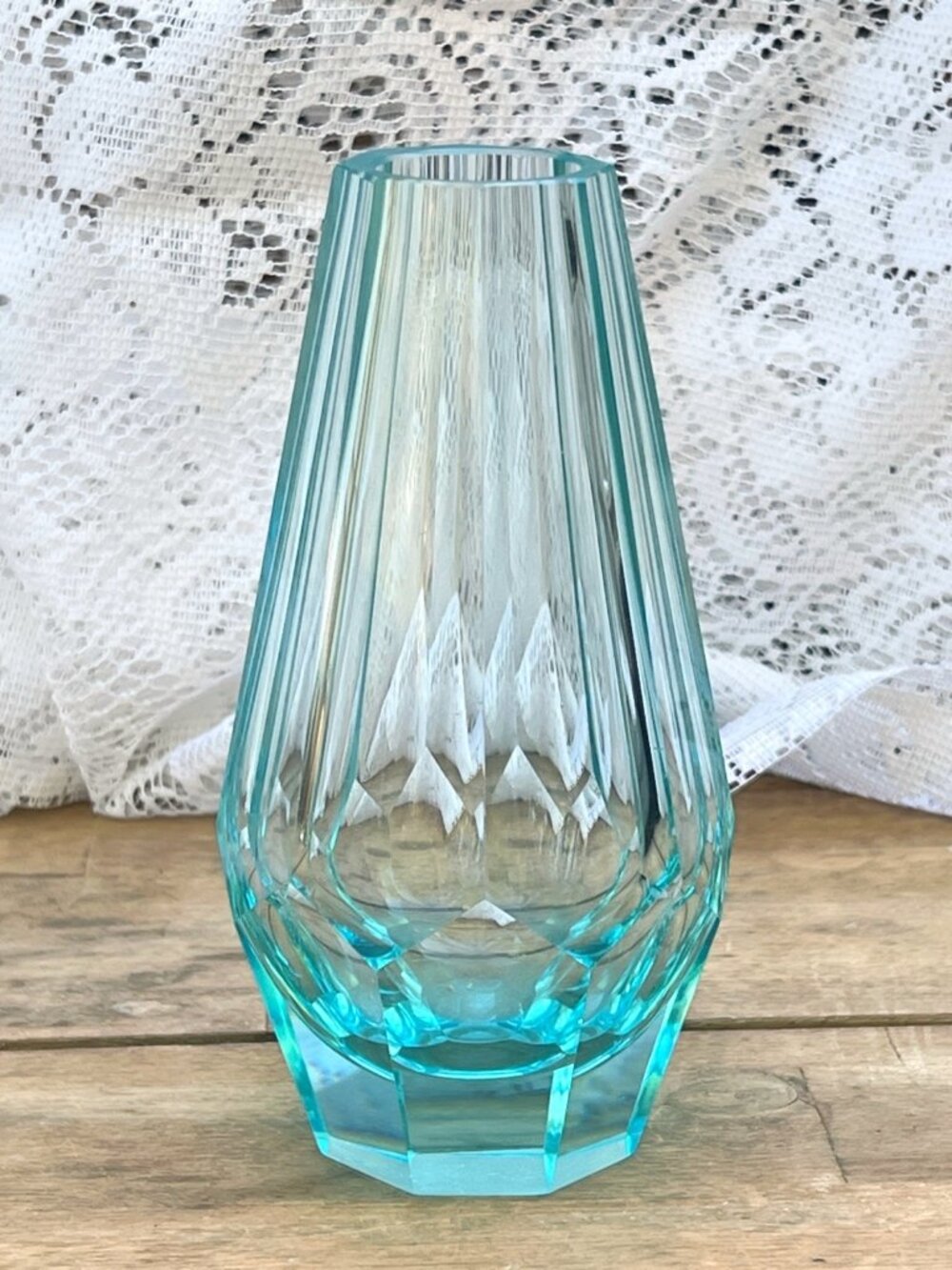 Blue Bud Vase Josef Hoffmann Moser Art Deco Octagonal Faceted Glass 6" Excellent